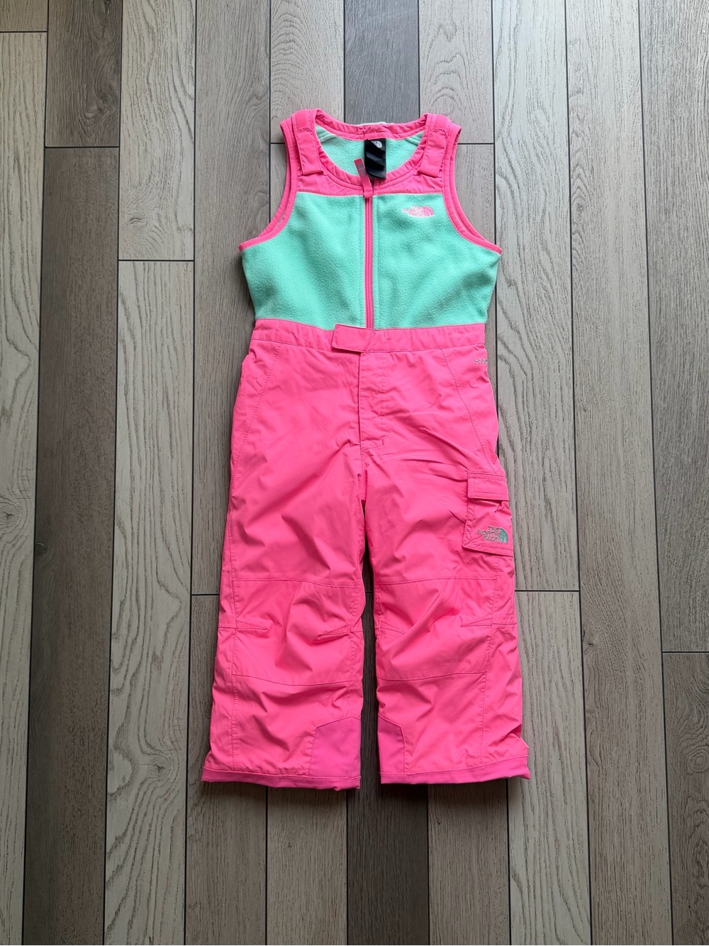 The North Face Pink and Mint Girls' Snow Bib Overalls 4T